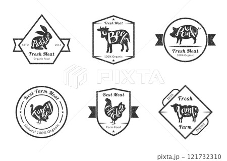 Organic Fresh Meat, Premium Quality Retro Cattle Logo Templates Set, Badges for Butchery, Meat Shop, Packaging or Advertising Vector Illustration 121732310