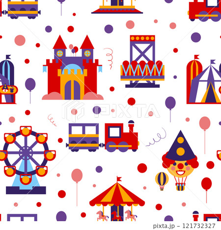 Amusement Park Seamless Pattern, Childish Style Design Element Can Be Used for Fabric, Wallpaper, Packaging Vector Illustration Amusement Park Seamless Pattern, Childish Style Design Element Can Be Used for Fabric, Wallpaper, Packaging Vector Illustration 121732327