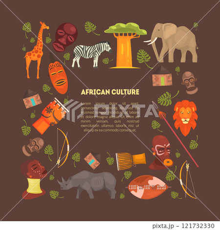 African Style Frame with Animals and Aboriginal Symbols Pattern Vector Illustration 121732330