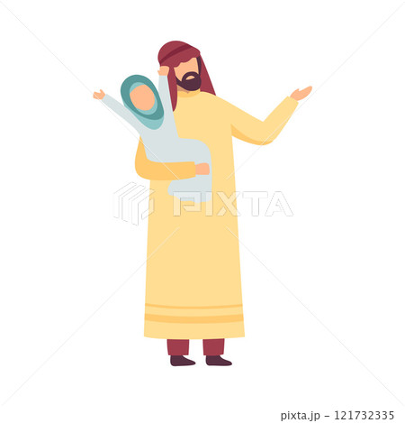 Muslim Father in Traditional Clothing Holding Daughter on His Hands Vector Illustration 121732335