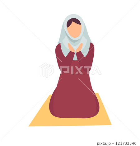 Muslim Woman in Hijab Praying on Her Knees, Eid Al Adha Muslim Holy Islamic Holiday Vector Illustration 121732340