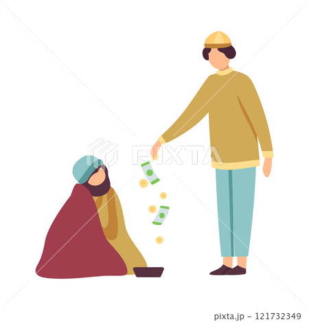 Muslim Man Giving Money to Homeless Celebrating Eid Al Adha Muslim Holy Islamic Holiday Vector Illustration 121732349