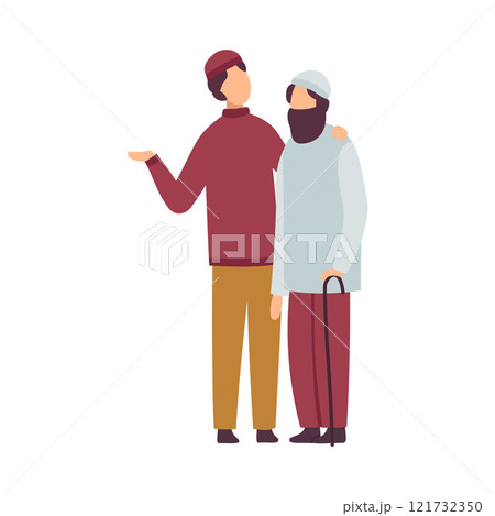 Muslim Men Greeting and Hugging Each Other as They Celebrating Eid Al Adha Islamic Holiday Vector Illustration 121732350