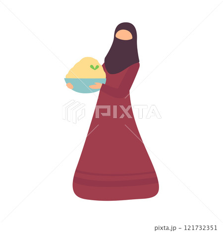 Muslim Woman Holding Bowl of Traditional Food on Occasion of Eid Al Adha Islamic Holiday Celebration Vector Illustration Muslim Woman Holding Bowl of Traditional Food on Occasion of Eid Al Adha Islamic Holiday Celebration Vector Illustration 121732351