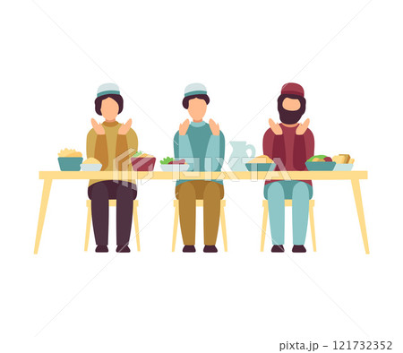 Muslim Men Eating Together During Eid Al Adha Muslim Holy Islamic Holiday Vector Illustration 121732352