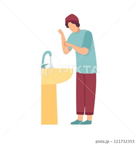 Muslim Man Washing Hands Preparing Wudhu For Prayer In Mosque Vector Illustration 121732353