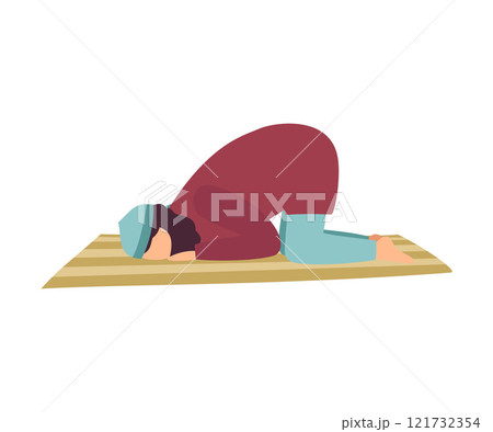 Muslim Man Praying on His Knees, Man Communicating with God, Eid Al Adha Islamic Holiday Vector Illustration 121732354