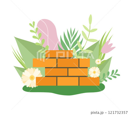 Brick Wall Surrounded Blooming Flowers and Leaves in Spring or Summer Season Vector Illustration Brick Wall Surrounded Blooming Flowers and Leaves in Spring or Summer Season Vector Illustration 121732357