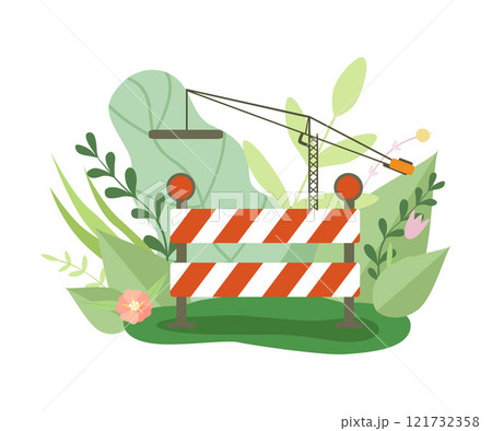Under Construction Barrier and Crane in Blooming Flowers and Leaves in Spring or Summer Season Vector Illustration Under Construction Barrier and Crane in Blooming Flowers and Leaves in Spring or Summer Season Vector Illustration 121732358