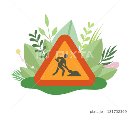 Under Construction Sign with Man Digging Ground in Blooming Flowers and Leaves in Spring or Summer Season Vector Illustration Under Construction Sign with Man Digging Ground in Blooming Flowers and Leaves in Spring or Summer Season Vector Illustration 121732369