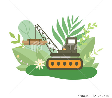 Hydraulic Crawler Crane Lifting Heavy Load in Spring or Summer Season with Blooming Flowers and Leaves Vector Illustration on White Background. Vector Illustration 121732370