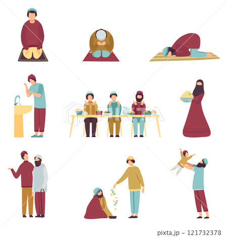Muslim People in Traditional Clothing Celebrating Eid Al Adha Islamic Holiday Set, Men Praying, Eating, Greeting Each Other, Giving Money to Homeless Vector Illustration 121732378