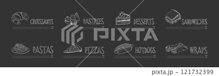 Restaurant Menu Chalk Drawn Dish and Meal Vector Set 121732399
