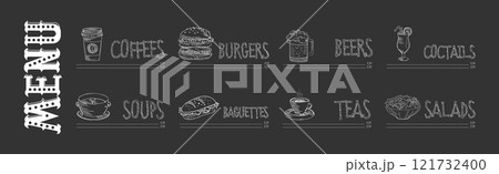 Restaurant Menu Chalk Drawn Dish and Meal Vector Set Restaurant Menu Chalk Drawn Dish and Meal Vector Set 121732400