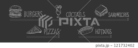 Restaurant Menu Chalk Drawn Dish and Meal Vector Set Restaurant Menu Chalk Drawn Dish and Meal Vector Set 121732402
