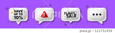 Offer speech bubble 3d icons. Save up to 10 percent. Discount Sale offer price sign. Special offer symbol. Discount chat offer. Flash sale, danger alert. Text box balloon. Vector 121732459