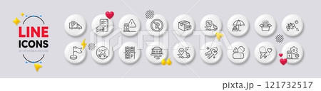 Tickets, Delivery and Delivery discount line icons. White buttons 3d icons. Pack of Mountain bike, Honeymoon travel, Route icon. Keys, Truck parking, Vip parcel pictogram. Vector 121732517