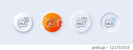 Discounts chat bubble line icon. Neumorphic, Orange gradient, 3d pin buttons. Sale offer sign. Promotion price symbol. Line icons. Neumorphic buttons with outline signs. Vector 121732533