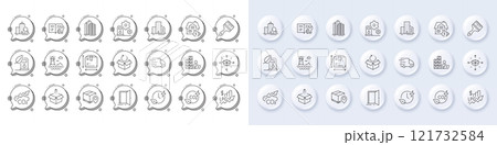 Buildings, Return package and Co2 gas line icons. White pin 3d buttons, chat bubbles icons. Pack of Parcel delivery, Send box, Charging time icon. Vector 121732584