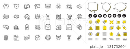 Set of Update comments, Chemistry dna and Fingerprint line icons for web app. Design elements, Social media icons. 5g internet, Web traffic, Alarm clock icons. Vector 121732604