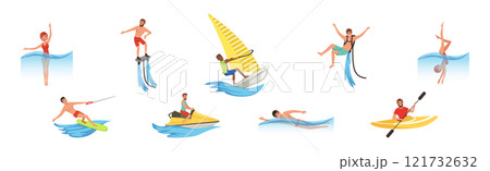 Man and Woman Enjoy Water Sport Activity Vector Set 121732632