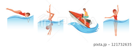 Man and Woman Enjoy Water Sport Activity Vector Set 121732635