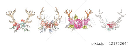Deer Antler with Flower Bud Decoration Vector Set 121732644