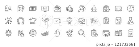 Omega, Survey checklist and Certificate line icons. Pack of Magic wand, Outsource work, Fire energy icon. Salary, Chemistry lab, Recipe book pictogram. Search, Report document, Quick tips. Vector 121732661