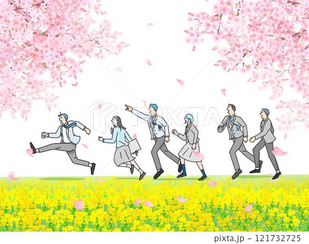 桜の木と菜の花の咲く土手沿いを走る学生男女ー全身ー卒業入学ー人物ベクターイラスト白バック背景素材 桜の木と菜の花の咲く土手沿いを走る学生男女ー全身ー卒業入学ー人物ベクターイラスト白バック背景素材 121732725
