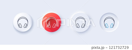 Headphones line icon. Neumorphic, Red gradient, 3d pin buttons. Music listening device sign. DJ or Audio symbol. Line icons. Neumorphic buttons with outline signs. Vector Headphones line icon. Neumorphic, Red gradient, 3d pin buttons. Music listening device sign. DJ or Audio symbol. Line icons. Neumorphic buttons with outline signs. Vector 121732729