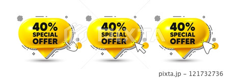 Chat speech bubble 3d icons. 40 percent discount offer tag. Sale price promo sign. Special offer symbol. Discount chat offer. Speech bubble banners. Text box balloon. Vector 121732736