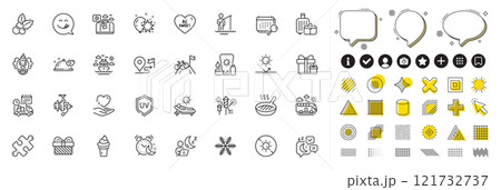 Set of Gift, Hold heart and Travel luggage line icons for web app. Design elements, Social media icons. Bus travel, Christmas holly, Puzzle icons. Vector 121732737
