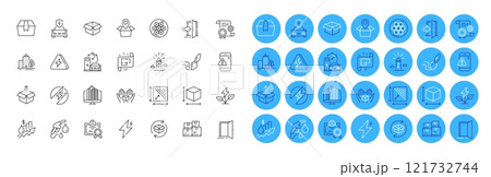 Rise price, Certificate and Package location line icons pack. Wholesale inventory, Open door, Warning message web icon. Eco power, Brush, Car charging pictogram. Lightning bolt. Vector 121732744