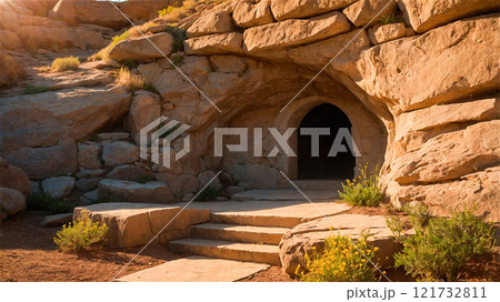 conceptual scene of the resurrection of Jesus showing the empty tomb 121732811