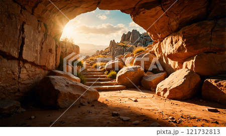 conceptual scene of the resurrection of Jesus showing the empty tomb 121732813