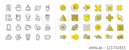 Set of Cappuccino, Juice with ice and Latte coffee cup icons. Design shape elements. Coffee and Tea line icons. Teapot, Coffeepot and Hot drink with Steam. Vector Set of Cappuccino, Juice with ice and Latte coffee cup icons. Design shape elements. Coffee and Tea line icons. Teapot, Coffeepot and Hot drink with Steam. Vector 121732831