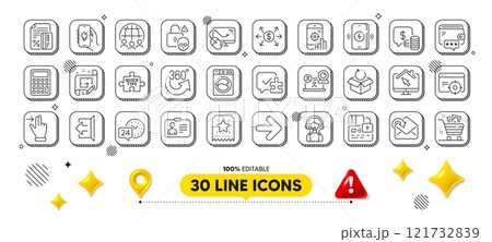 360 degrees, Seo phone and Calculator line icons pack. 3d design elements. Support, Sign out, Card web icon. Electric app, Credit card, Touchscreen gesture pictogram. Vector 360 degrees, Seo phone and Calculator line icons pack. 3d design elements. Support, Sign out, Card web icon. Electric app, Credit card, Touchscreen gesture pictogram. Vector 121732839