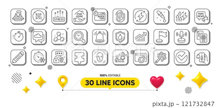 Milestone, Waterproof and Vaccine announcement line icons pack. 3d design elements. Fingerprint, Puzzle, Timer web icon. Podcast, Stay home, Seo gear pictogram. Vector Milestone, Waterproof and Vaccine announcement line icons pack. 3d design elements. Fingerprint, Puzzle, Timer web icon. Podcast, Stay home, Seo gear pictogram. Vector 121732847