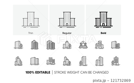 Bank, Hotel, Courthouse. Buildings line icons. City, Real estate, Architecture buildings icons. Hospital, town house, museum. Urban architecture, city skyscraper. Linear set. Line icons set. Vector 121732869