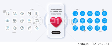 Phone mockup with 3d heart icon. Dishwasher, Headset and Synchronize line icons. Pack of Like button, Call center, Search file icon. Phone calculator, Refrigerator, Loyalty points pictogram. Vector 121732924