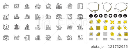 Set of Triangle area, Lighthouse and Buildings line icons for web app. Design elements, Social media icons. Market location, Construction building, Entrance icons. Vector Set of Triangle area, Lighthouse and Buildings line icons for web app. Design elements, Social media icons. Market location, Construction building, Entrance icons. Vector 121732926