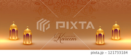 realistic ramadan kareem golden banner with islamic lanterns 121733184