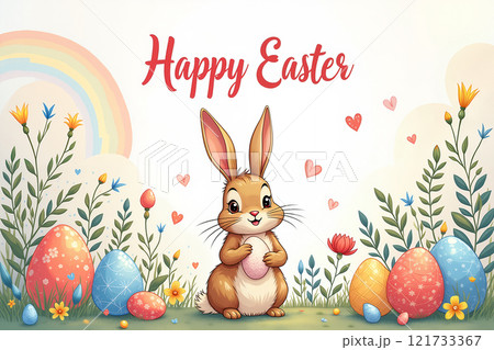 Easter celebration with bunny and eggs. 121733367