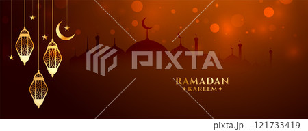ramadan kareem traditional festival banner with hanging lamps 121733419
