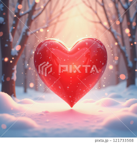 A red heart glows in a snowy forest. 121733508