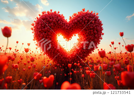 Heart-shaped flowers in a field of red tulips. 121733541