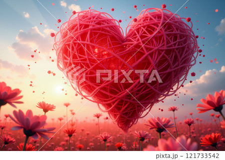A pink yarn heart floats above pink flowers. 121733542
