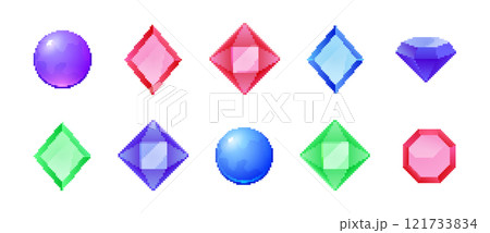 Pixel gemstone set. Vibrant jewels retro-style pixel diamond ruby design sapphire. Pixel gemstone set. Vibrant jewels retro-style pixel diamond ruby design sapphire. 121733834