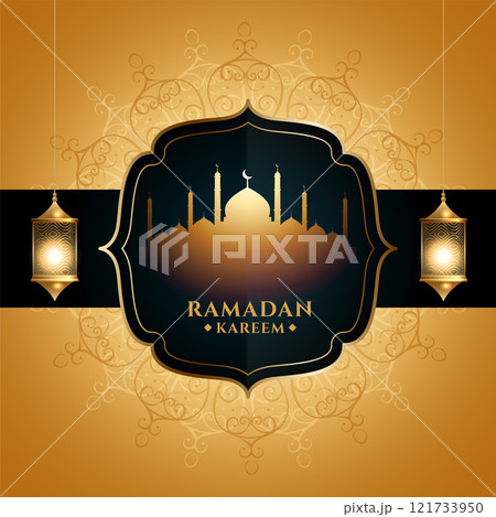 golden ramadan kareem greeting with mosque and lantern golden ramadan kareem greeting with mosque and lantern 121733950
