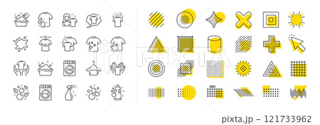Dryer, Washing machine and dirt shirt. Design shape elements. Laundry line icons. Laundromat, hand washing, soap bubbles in basin icons. Dry t-shirt, laundry service, dirty smudge spot. Vector Dryer, Washing machine and dirt shirt. Design shape elements. Laundry line icons. Laundromat, hand washing, soap bubbles in basin icons. Dry t-shirt, laundry service, dirty smudge spot. Vector 121733962